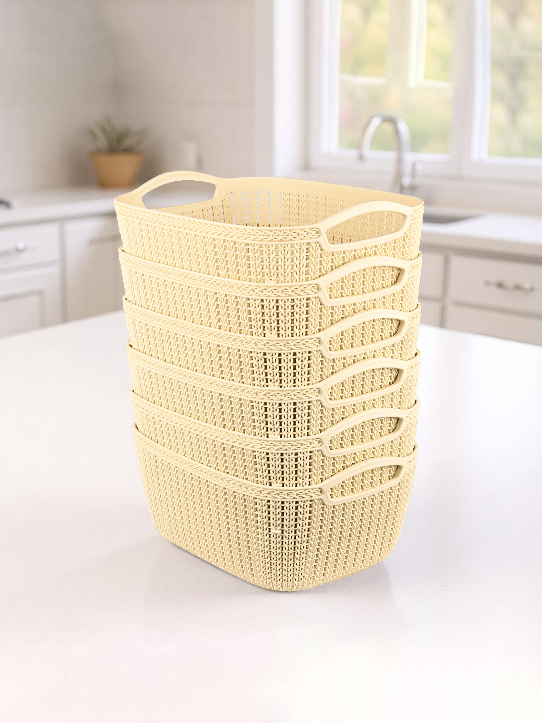 Kuber Industries Cream-Coloured Self Design Pack of 6 Multi-Purpose Basket For Storage