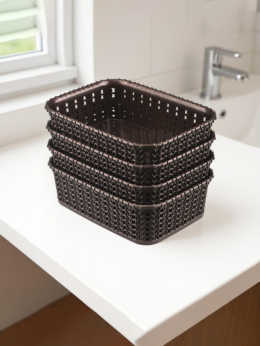 Kuber Industries Brown Self Design Pack of 4 Multi-Purpose Basket For Storage