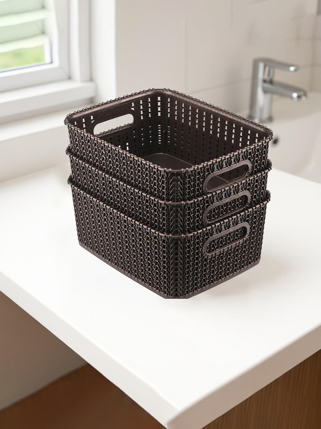 Kuber Industries Brown Pack of 3 Self Design Multi-Purpose Storage Basket Organisers