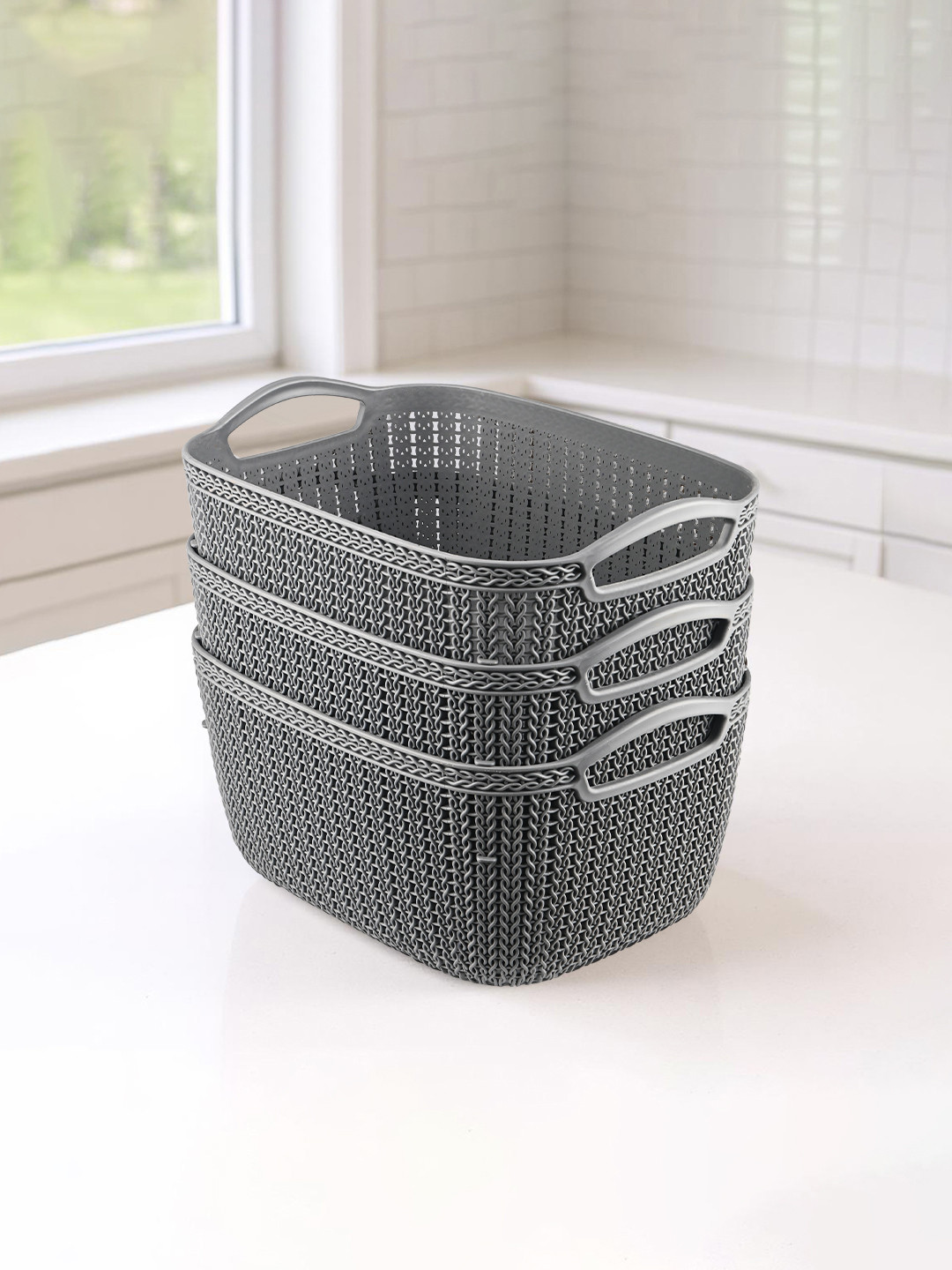 Kuber Industries Grey Self Design Pack of 3 Multi-Purpose Basket For Storage