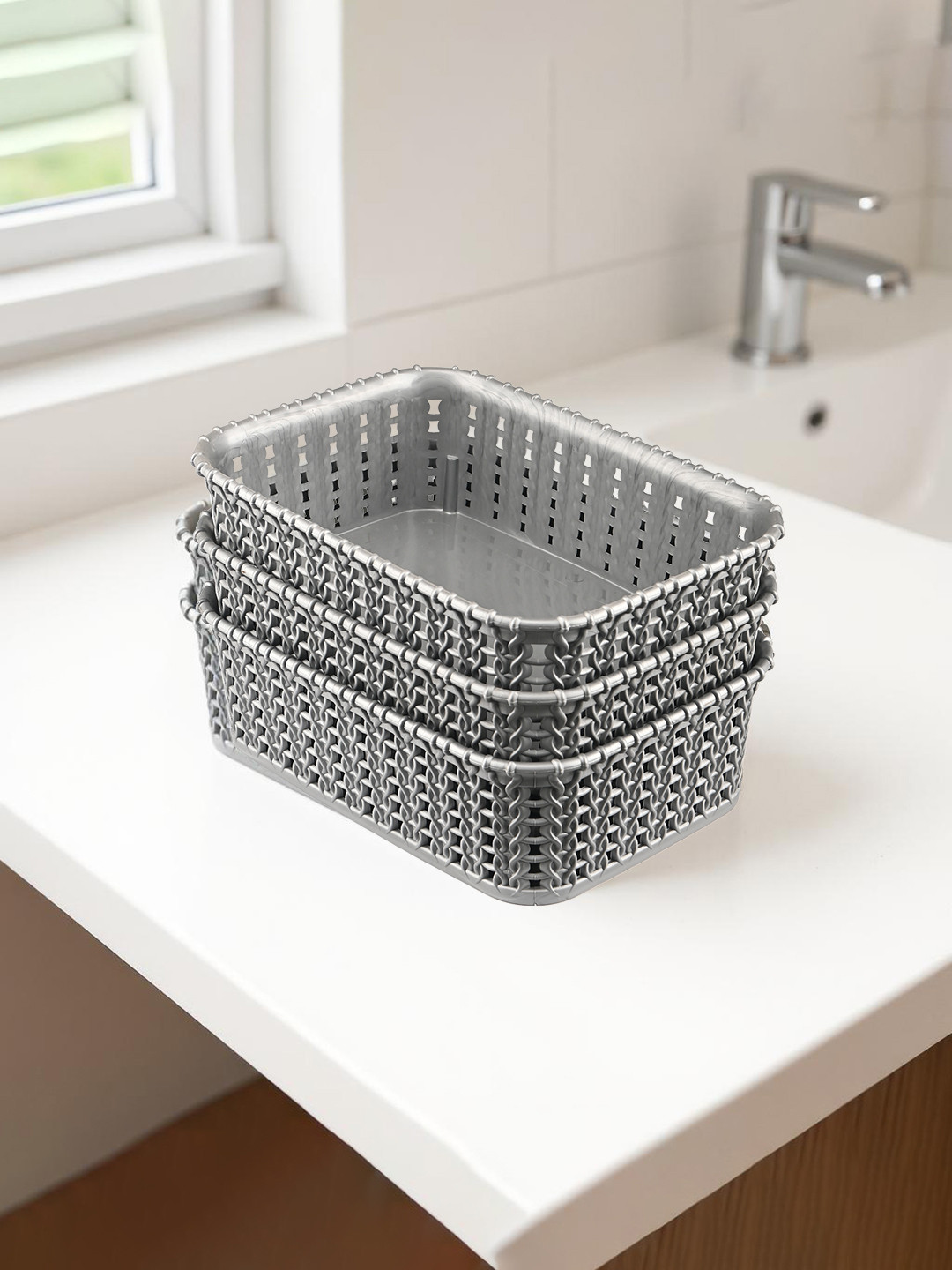 Kuber Industries Grey Self Design Pack of 3 Multi-Purpose Basket For Storage
