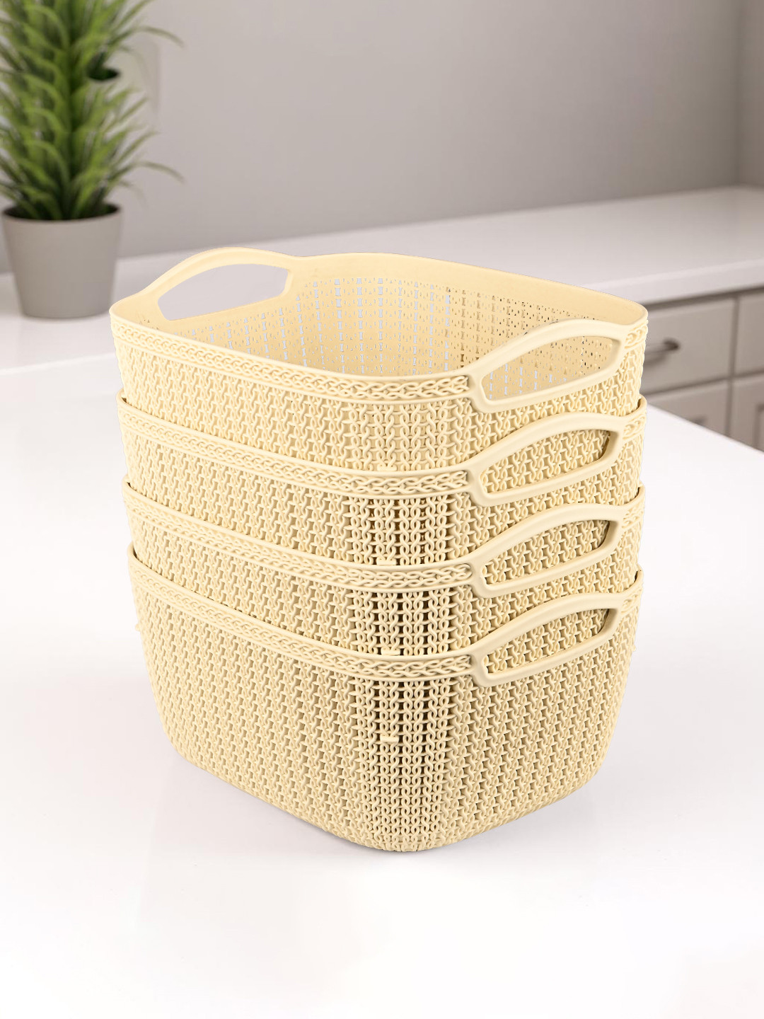 Kuber Industries Cream-Coloured Self Design Pack of 4 Multi-Purpose Basket For Storage