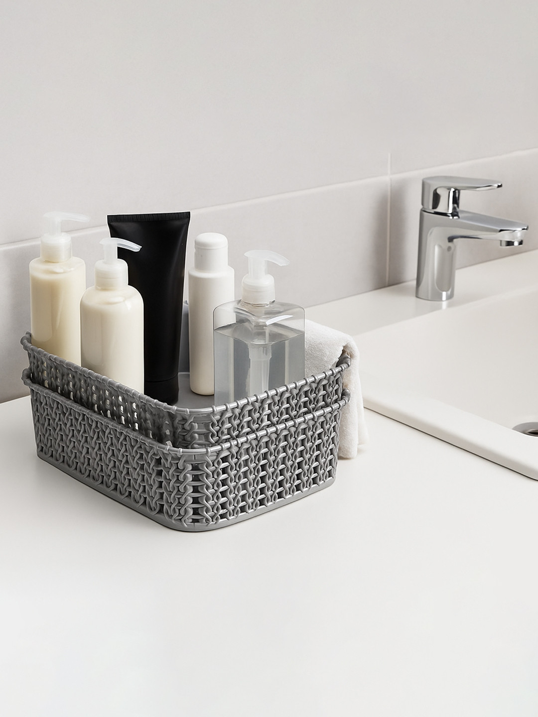 Kuber Industries Grey Self Design Pack of 2 Small Multi-Purpose Basket For Storage