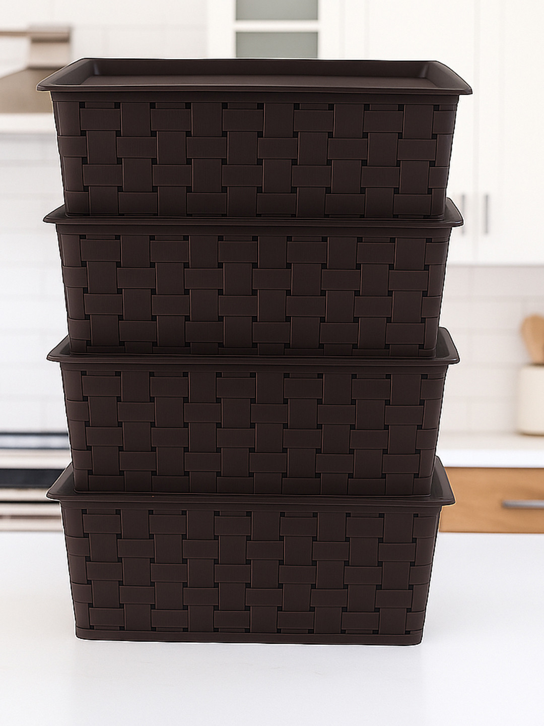 Kuber Industries Brown 4 Pieces Self Design Stackable Multi-Utility Organisers