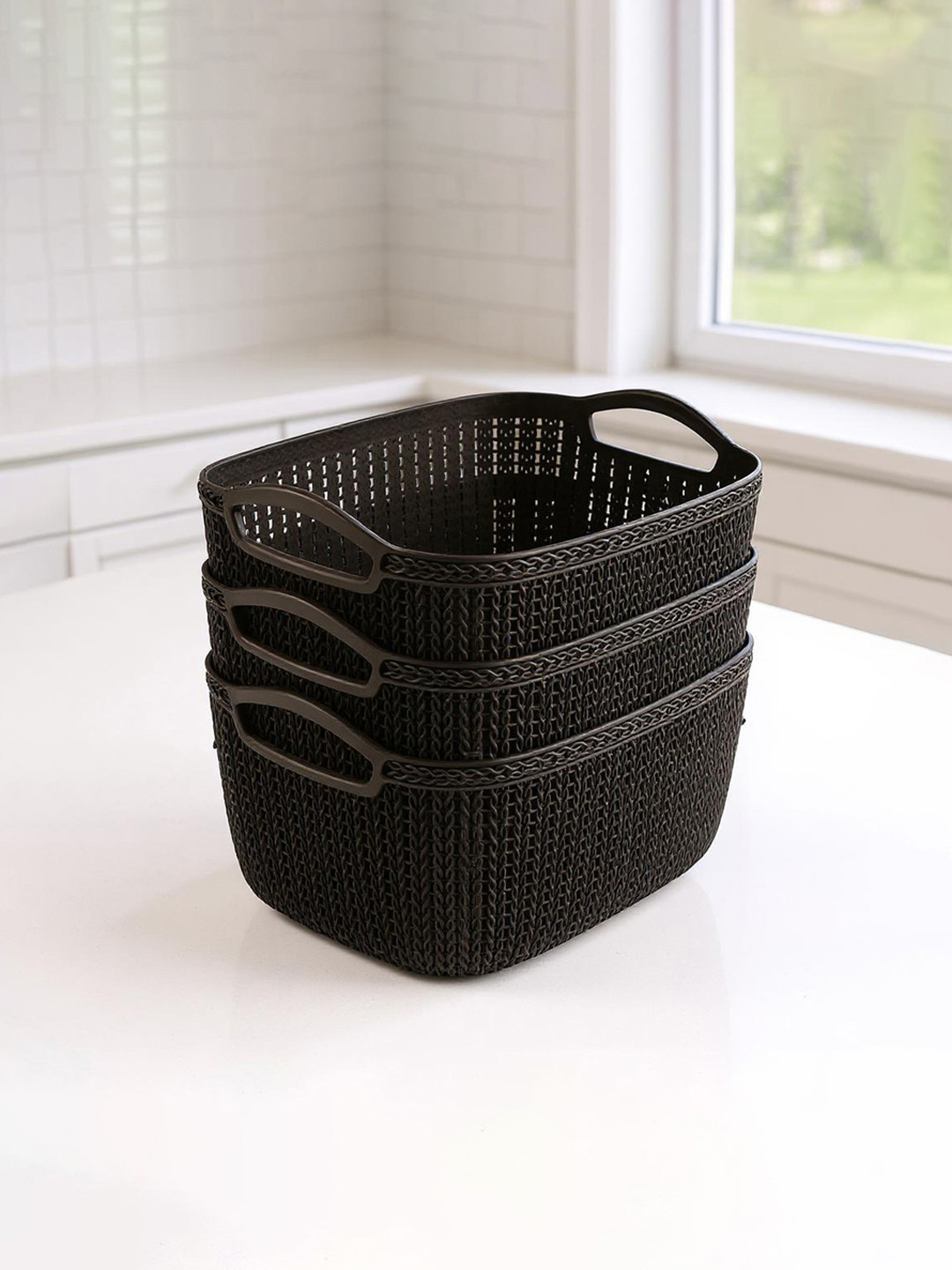 Kuber Industries Brown Self Design Pack of 3 Multi-Purpose Basket For Storage