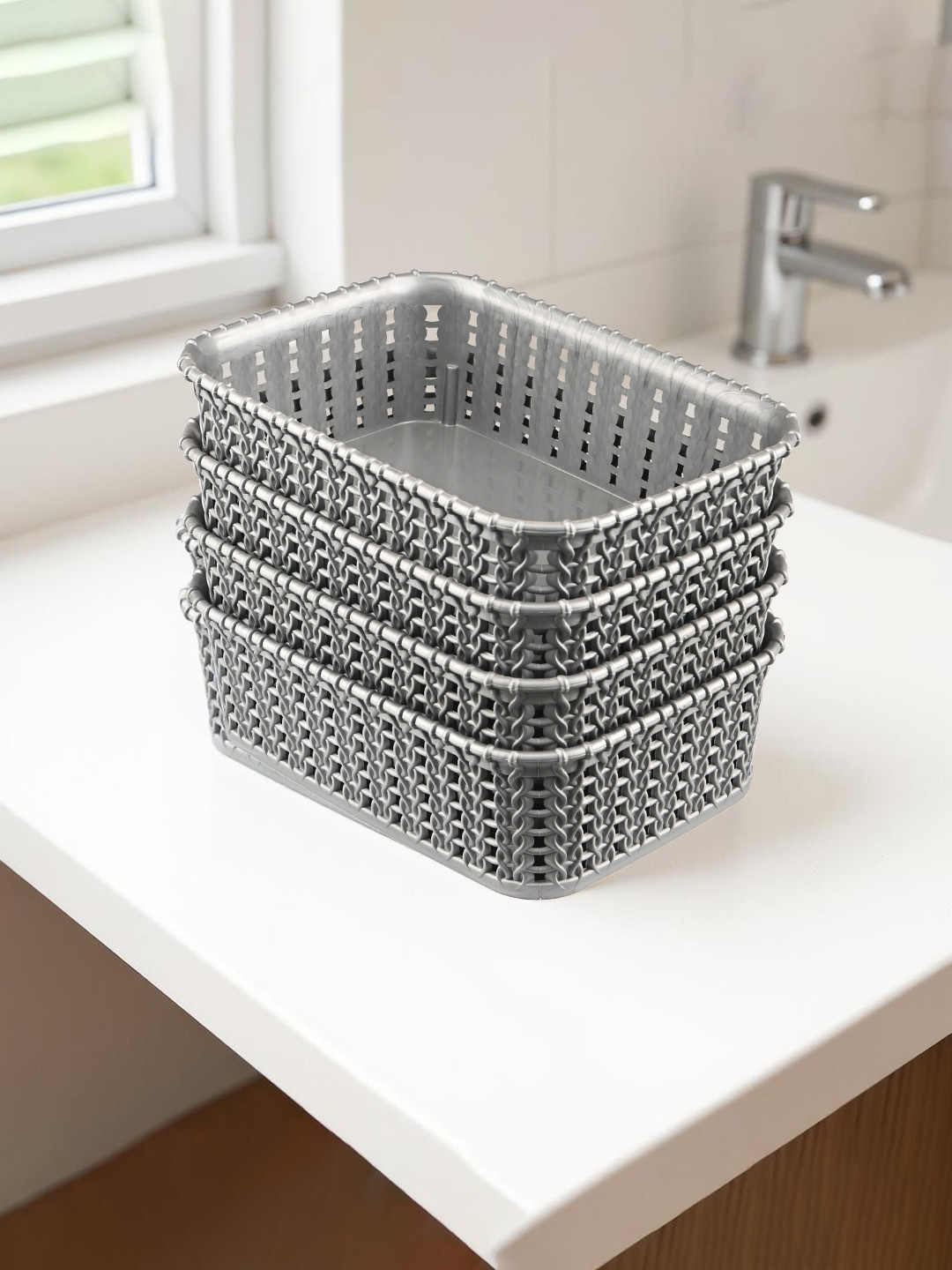 Kuber Industries Grey Self Design Pack of 4 Small Multi-Purpose Basket For Storage