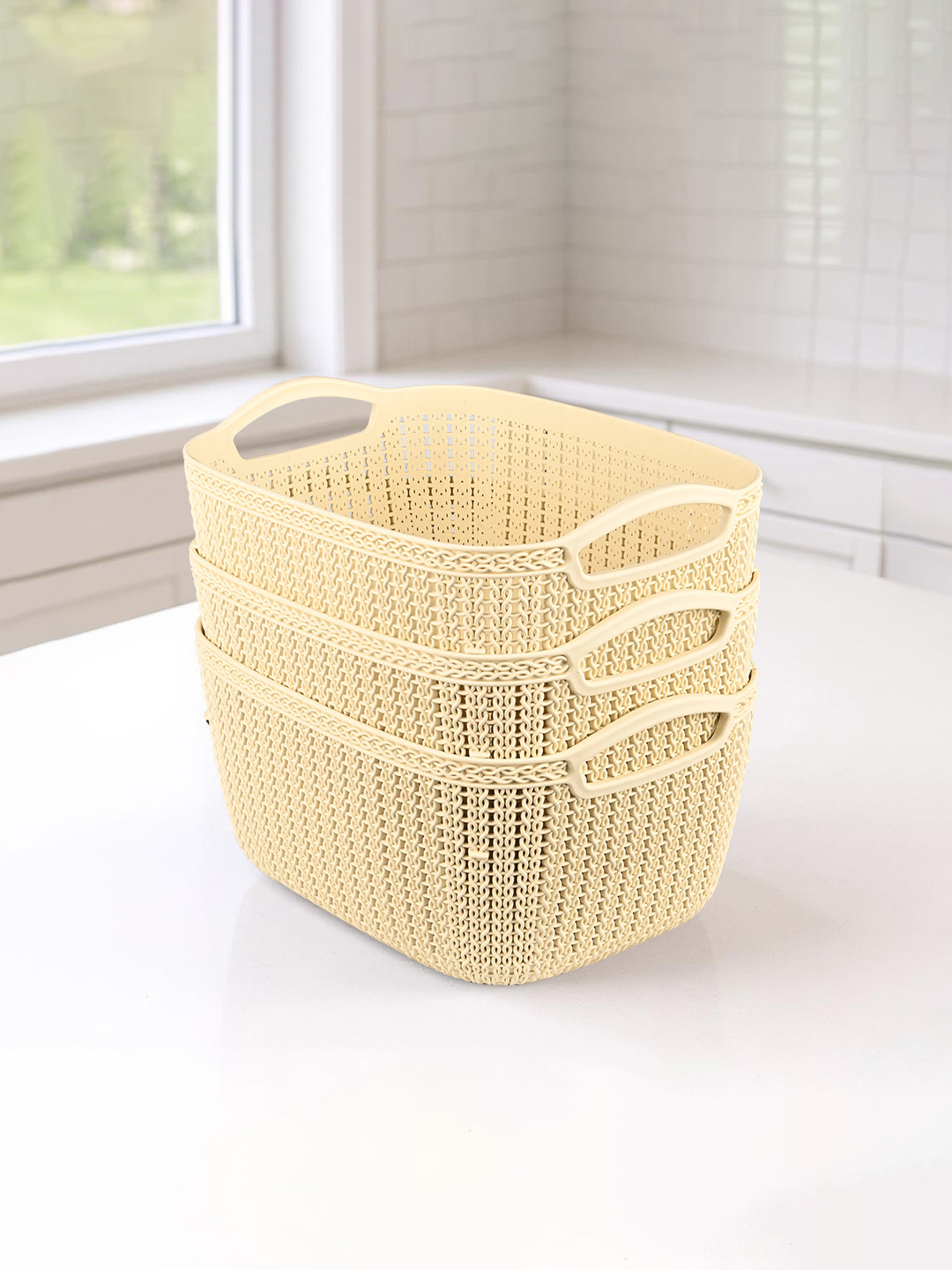 Kuber Industries Cream-Coloured Self Design Pack of 3 Multi-Purpose Basket For Storage