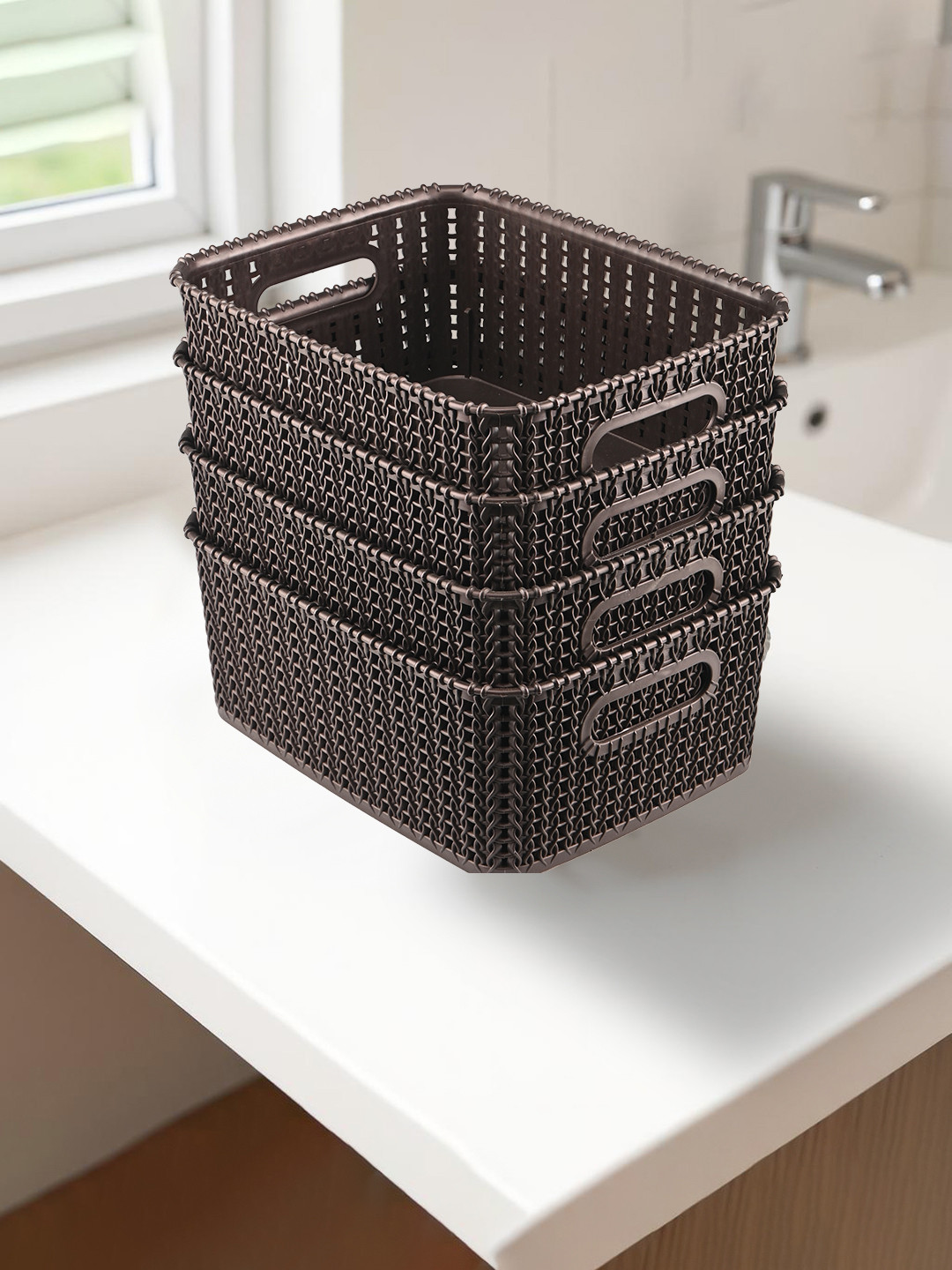 Kuber Industries Brown Self Design Pack of 4 Multi-Purpose Basket For Storage