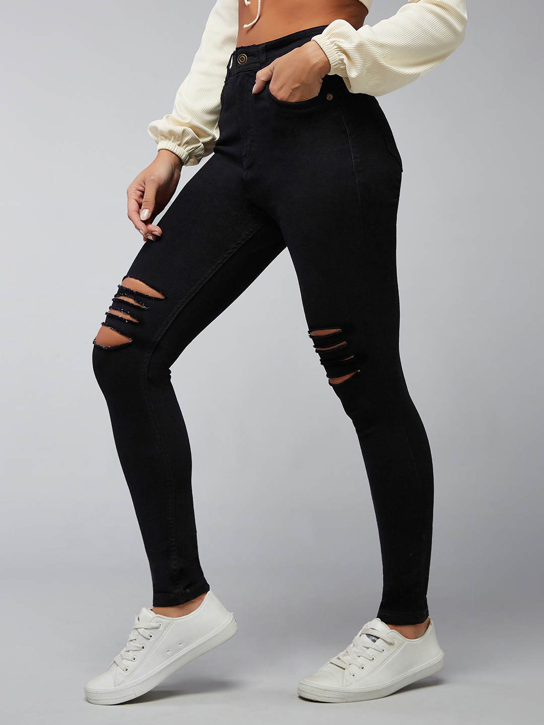 DOLCE CRUDO El Escorial Women Skinny Fit High-Rise Slash Knee Jeans