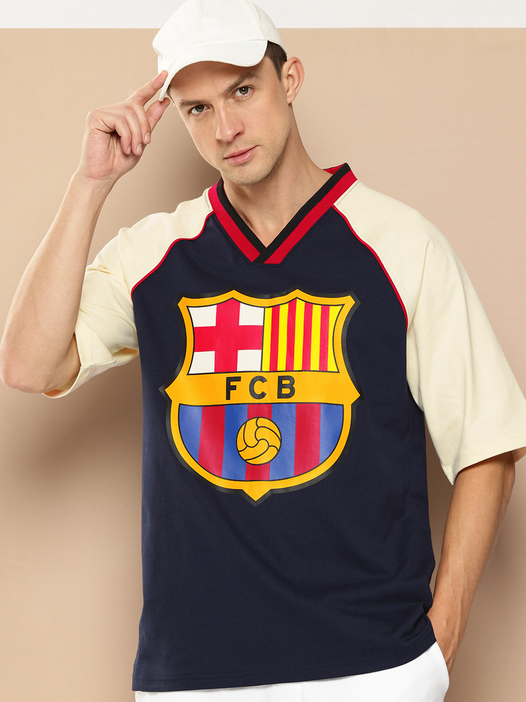 FC Barcelona Logo Printed Colourblocked Raglan Sleeve Pure Cotton Oversized T-shirt