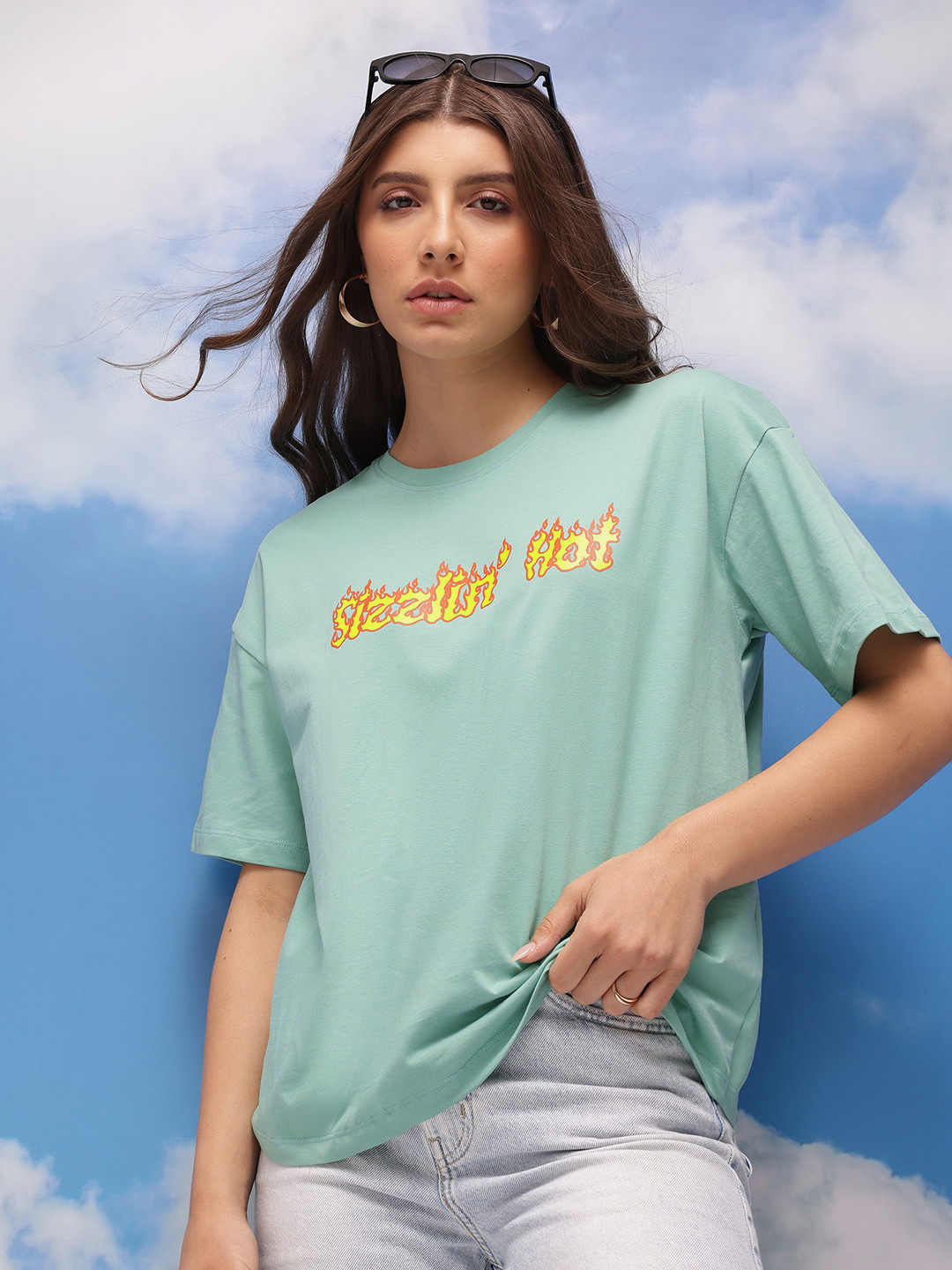 CORSICA Women Typography Printed Drop-Shoulder Sleeves Pure Cotton T-shirt