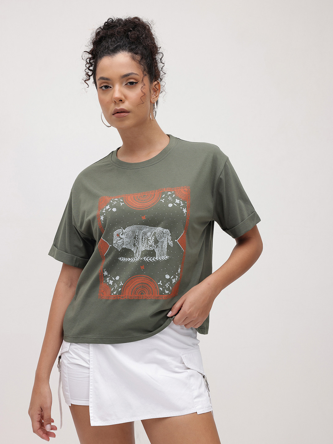 The Roadster Life Co. Tribal Printed Drop-Shoulder Sleeves Relaxed Fit T-shirt