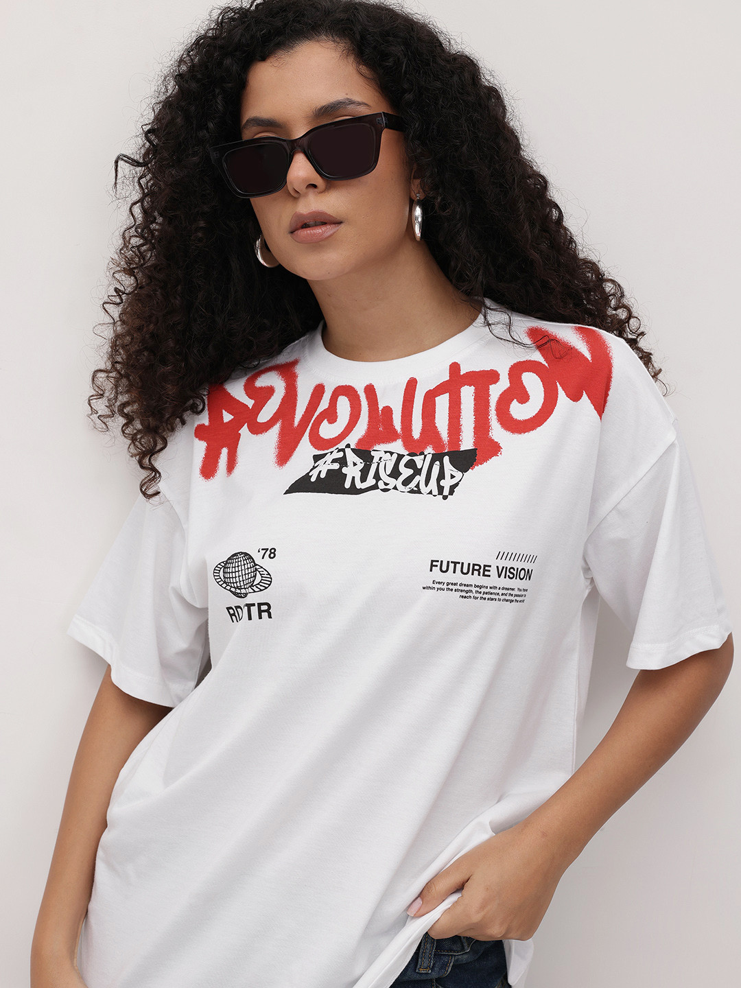 The Roadster Life Co. Typography Printed Drop-Shoulder Sleeves Oversized T-shirt
