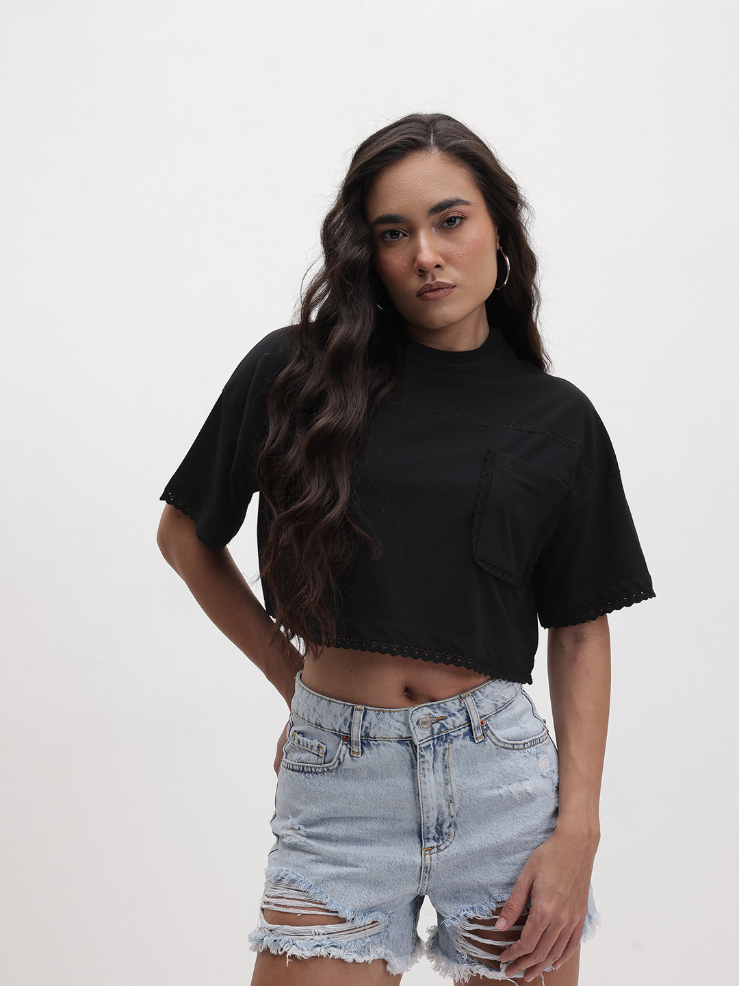 The Roadster Life Co. Lace Inserts Drop-Shoulder Sleeves Crop Boxy T-shirt