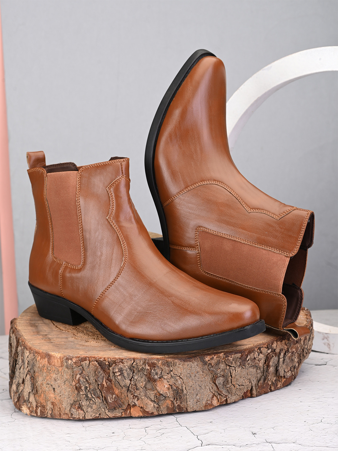 Roadster Men Tan Cowboy Mid-Top Slip-On Chelsea Boots