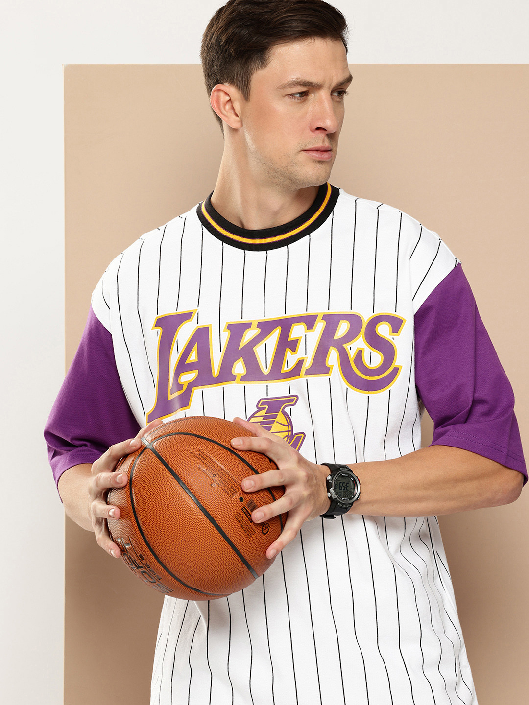 NBA Men Los Angeles Lakers Striped Oversized Pure Cotton T-shirt