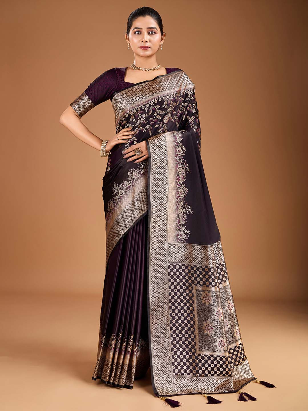 House of Pataudi Floral Zari Woven Design Tassels Saree with Blouse Piece