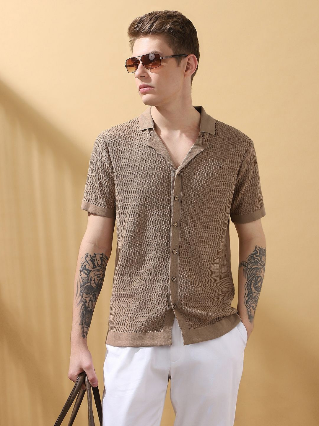 Dennis Lingo Men Cuban Collar Half Sleeves Flat Knit Shirt