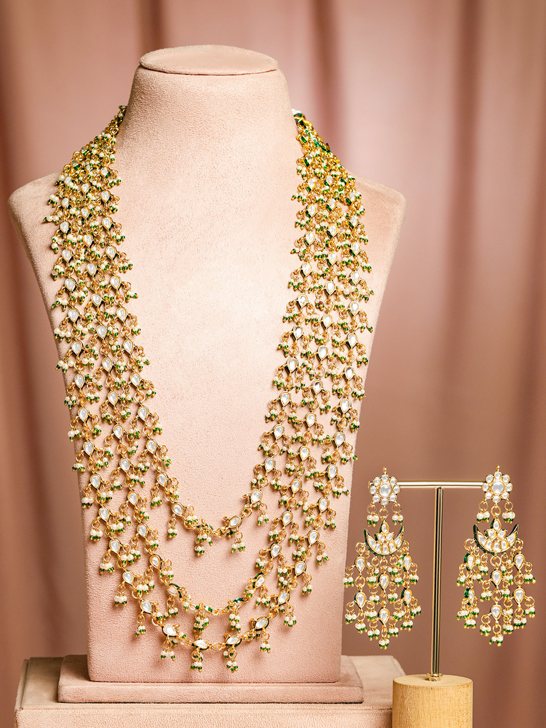 Rubans 24K Gold Plated Kundan & Green Beaded Handcrafted Layered Necklace Set with Earring