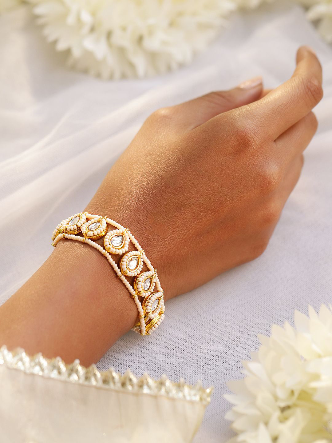 Rubans 22K Gold Plated Kundan & Pearl Handcrafted Adjustable Bracelet for Traditional Look