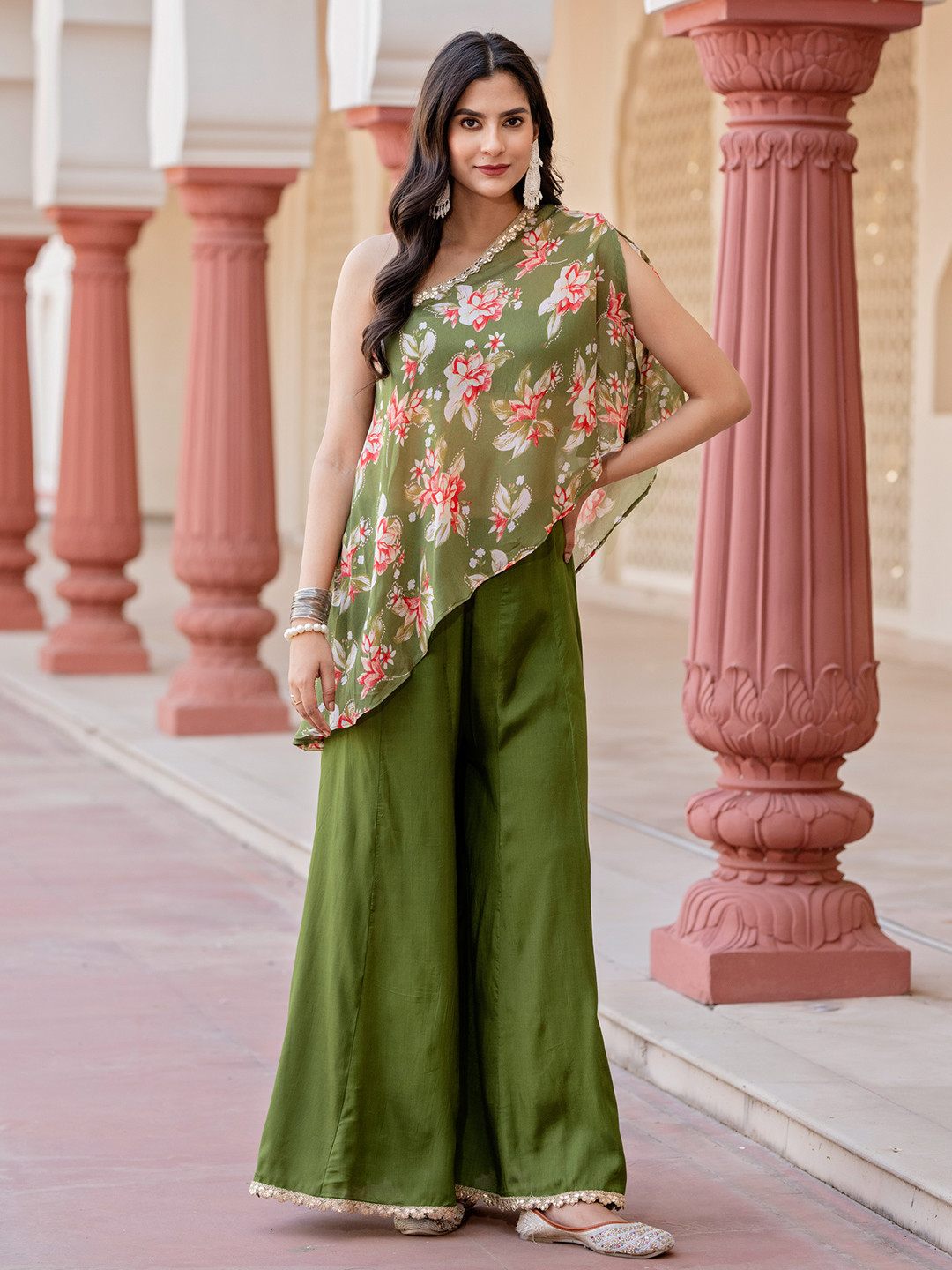 KASYA Floral Printed One Shoulder Top With Palazzo