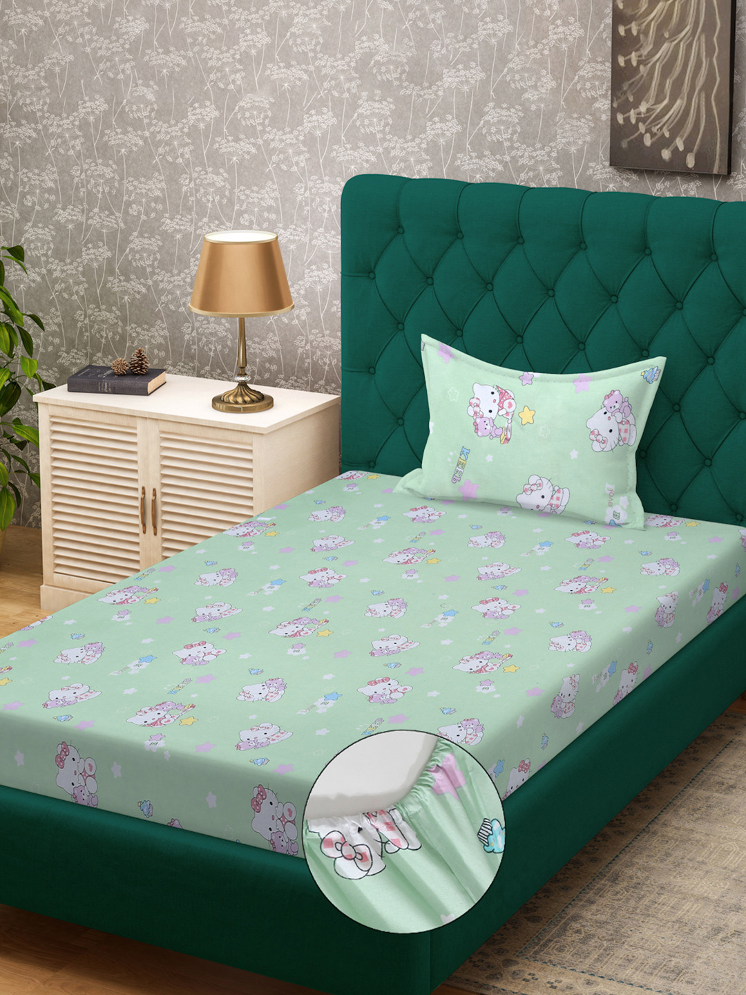 KLOTTHE Green Cartoon Characters Pure Cotton 400 TC Fitted Single Superfine Bedsheet with a Pillow Cover-225 x 150 cm