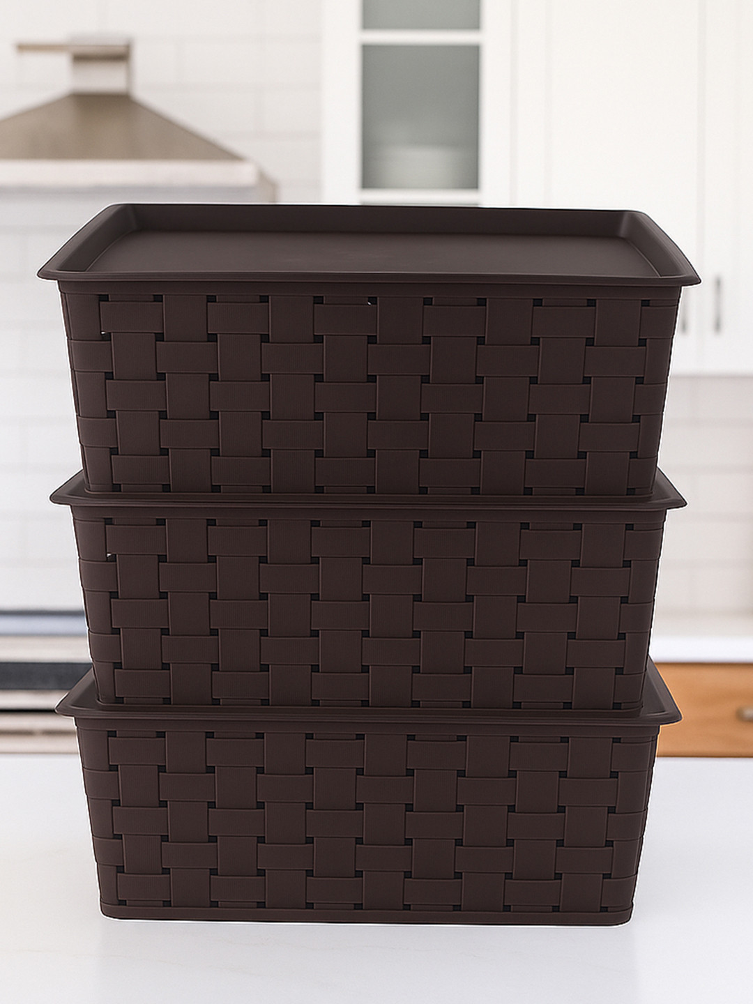 Kuber Industries Brown Pack of 3 Cannes Pattern Stackable Storage Box with Lid