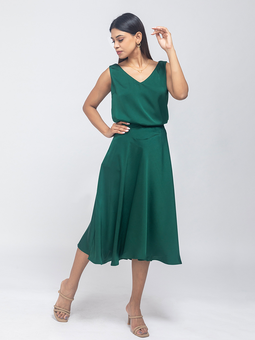 D'Almirah Emerald Elegance V Neck Top With Skirt