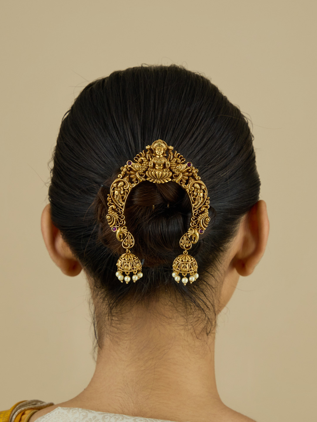 Kushal's Fashion Jewellery Ruby Gold-Plated Stone Studded & Beaded Antique Hair Brooch