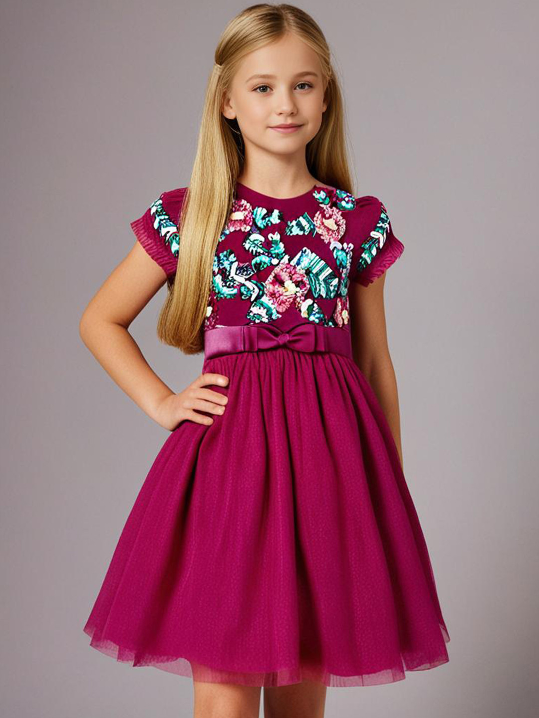 Cherry Crumble Girls Floral Sequined Puff Sleeve Fit & Flare Dress