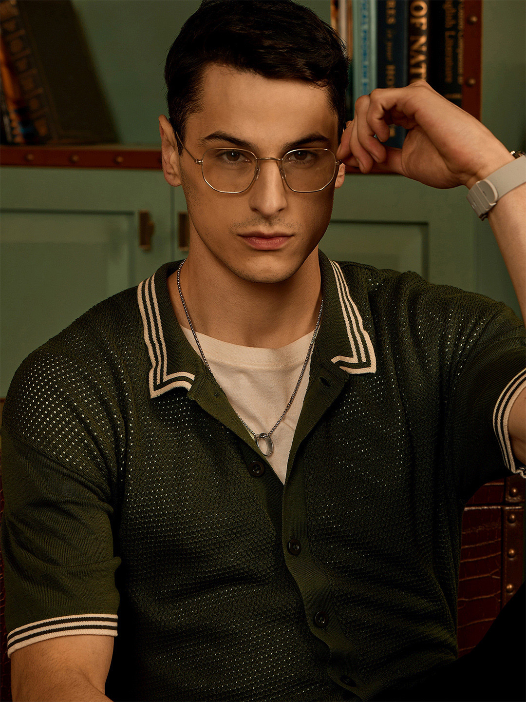 DENNISON Men Stretchex Self Design Polo Collar Cotton Oversized Shirt