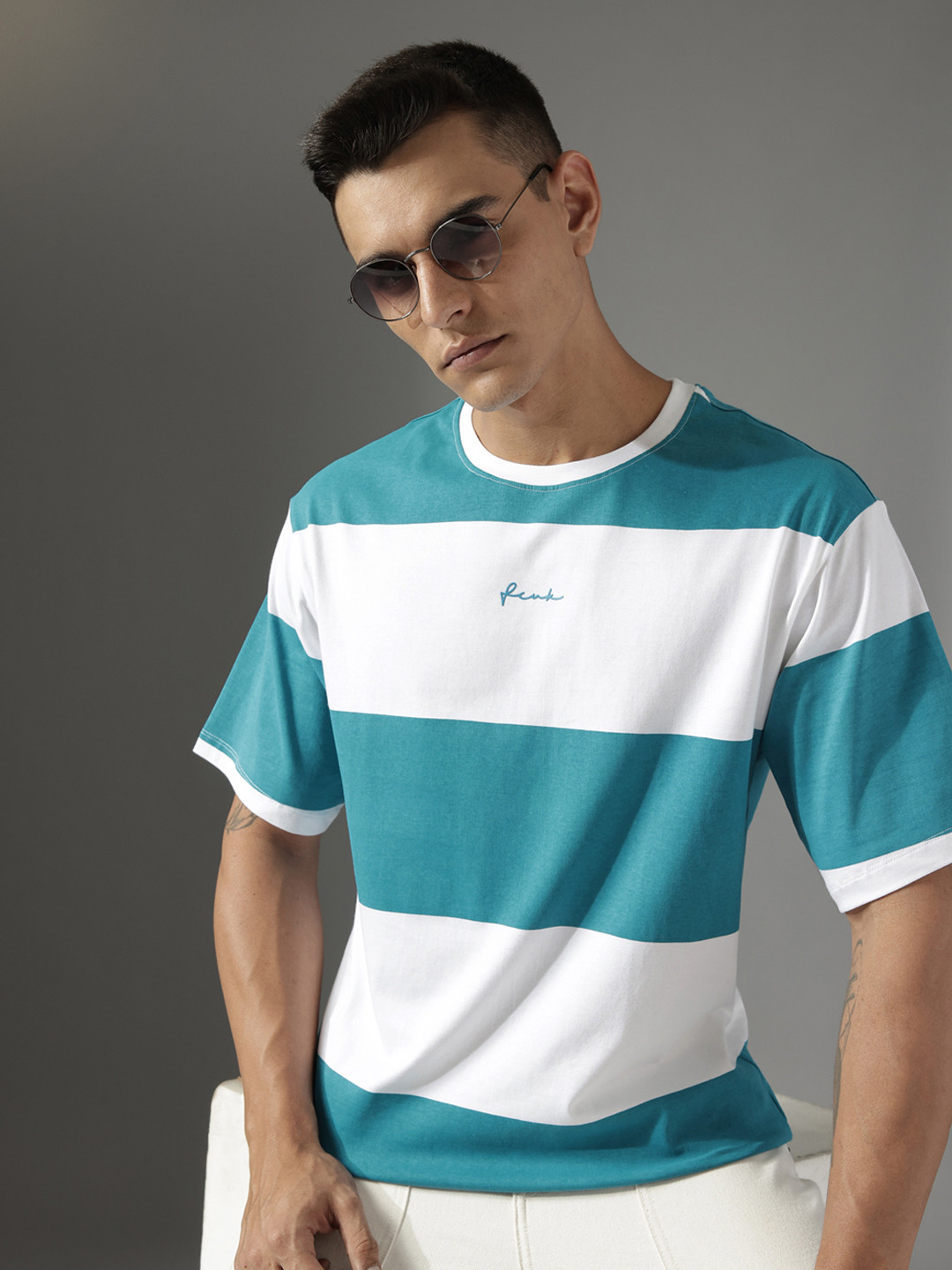 FCUK Striped Drop-Shoulder Sleeves Pure Cotton Relaxed Fit T-shirt