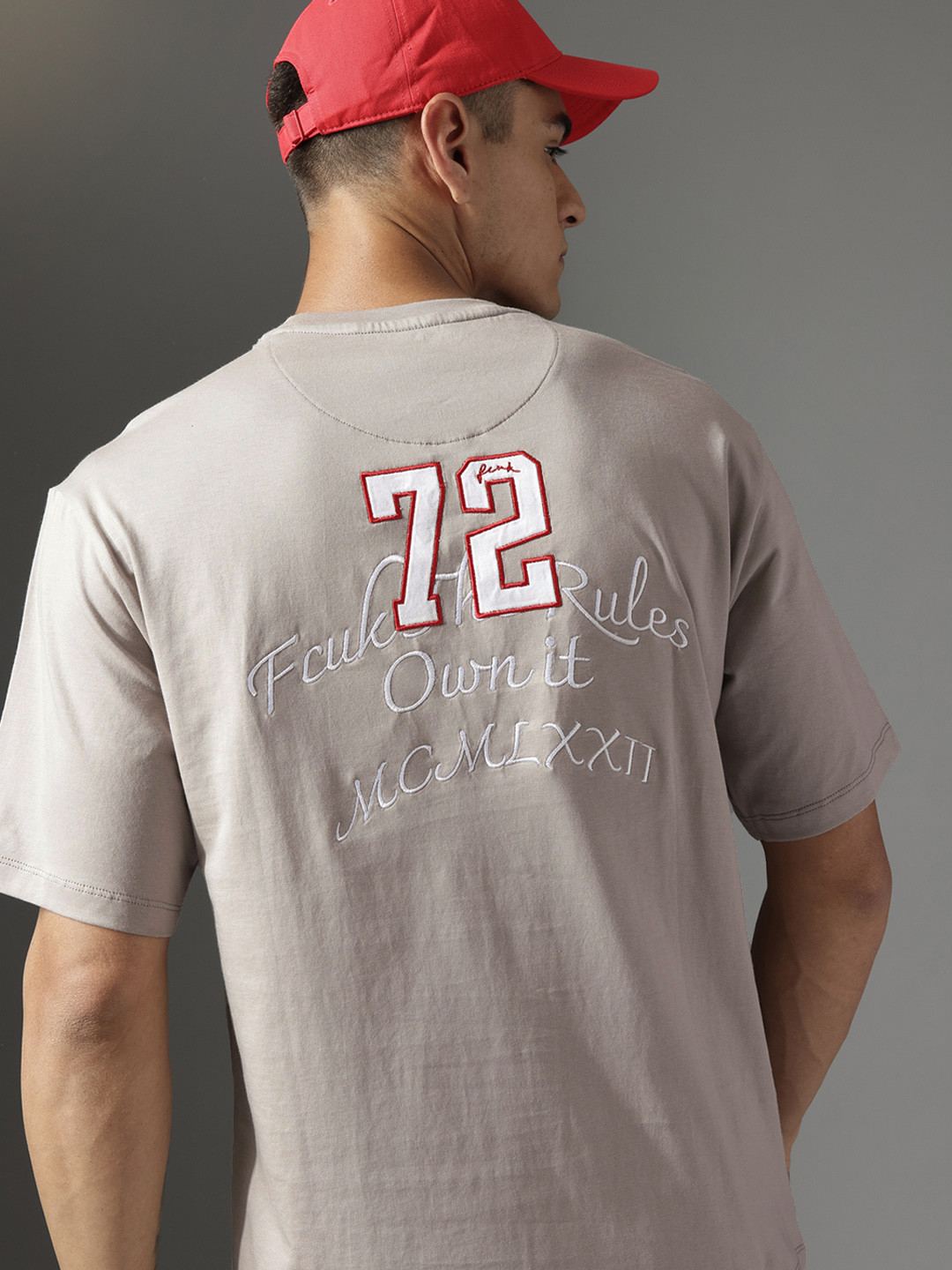 FCUK Brand Logo Embroidered Drop-Shoulder Sleeves Pure Cotton Relaxed Fit T-shirt