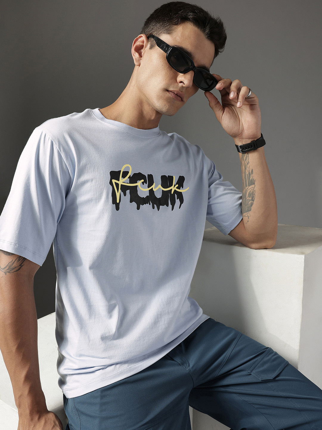 FCUK Brand Logo Printed Drop-Shoulder Sleeves Pure Cotton T-shirt