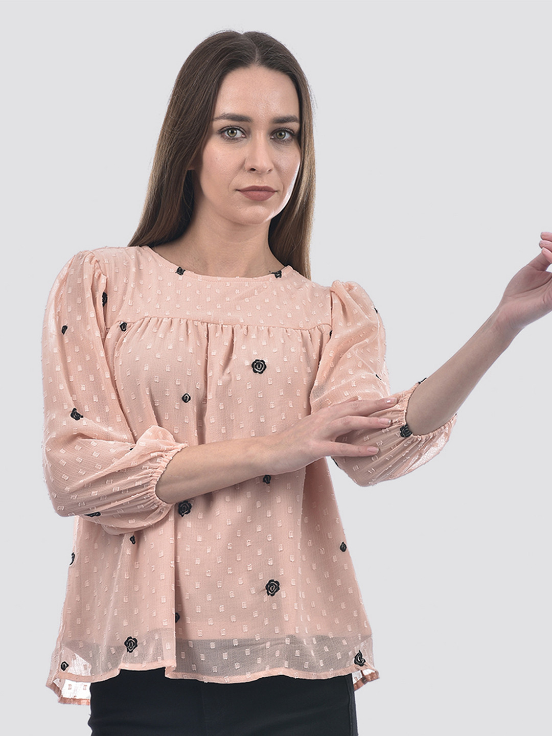 ONLY Micro Floral Embroidered Puff Sleeve Regular Top