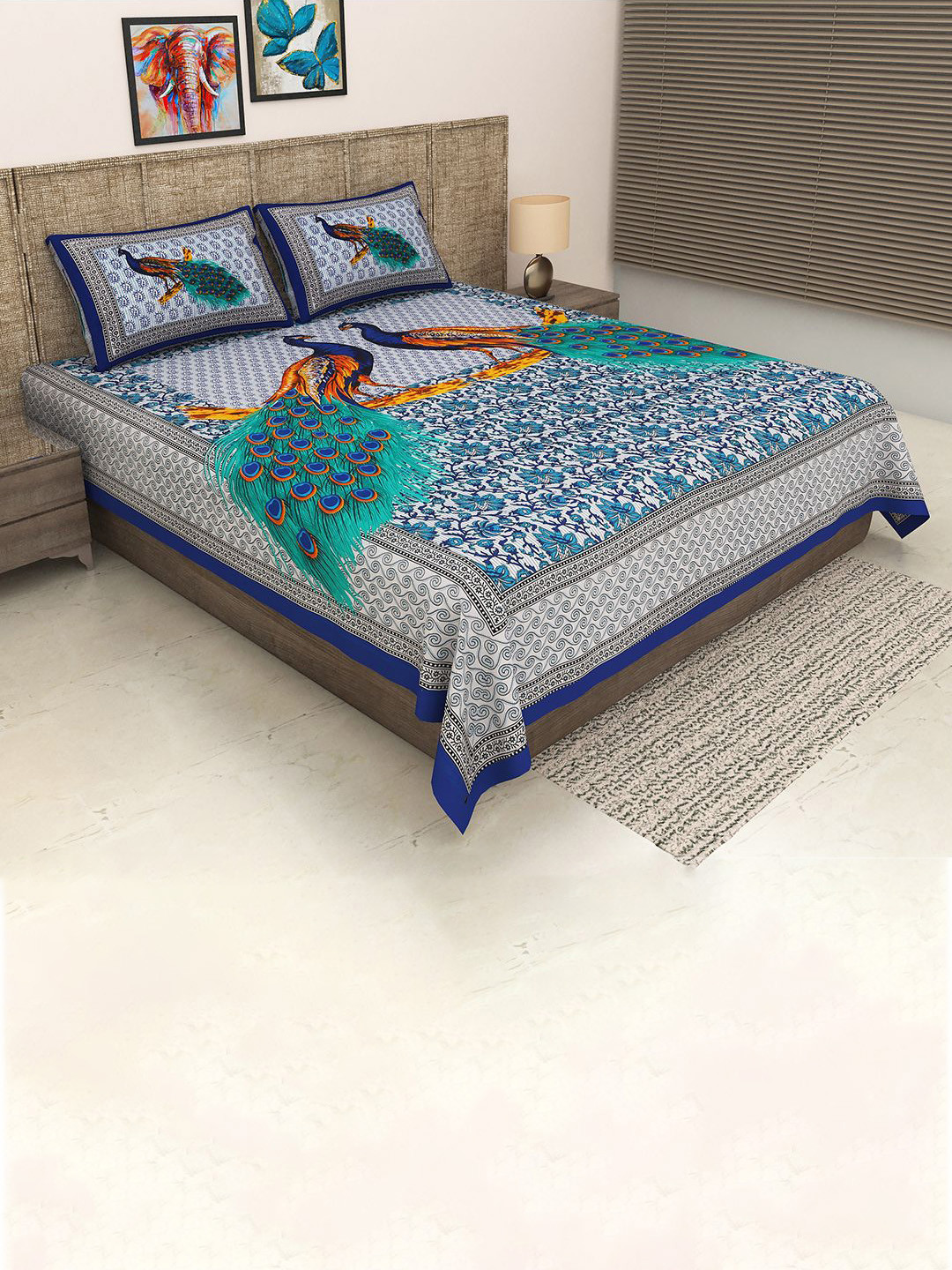 Urban Magic Blue Animal Cotton 104 TC Queen Coarse Bedsheet with 2 Pillow Covers-228 x 254 cm