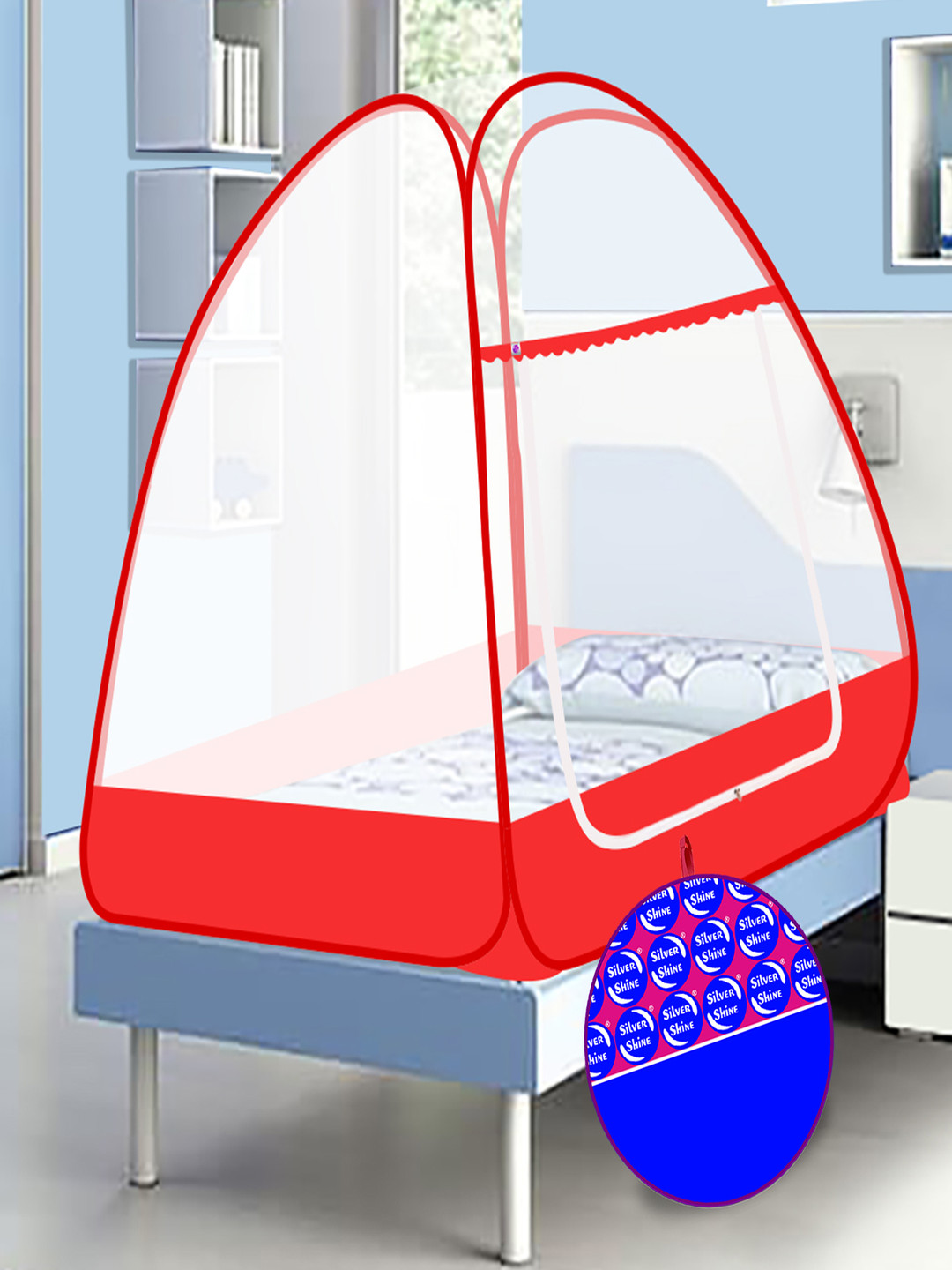 Silver Shine Red & White Single Bed Foldable Tent Mosquito Net