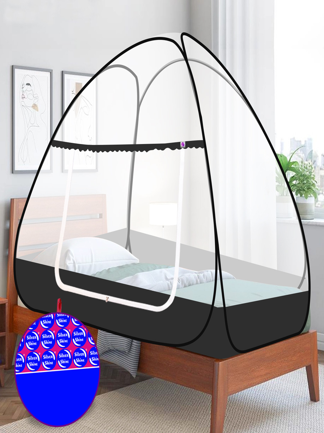 Silver Shine Black & White Single Bed Foldable Tent Mosquito Net