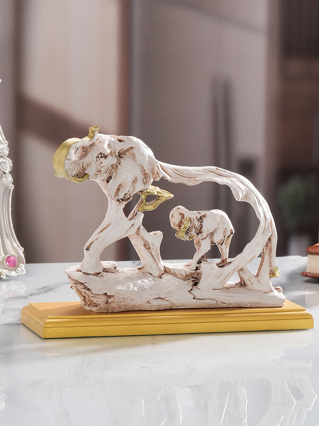 TIED RIBBONS Elephant Statue with Baby Elephant Beige Polyresin Matte Living Room Small Showpiece - 6.7 Inches