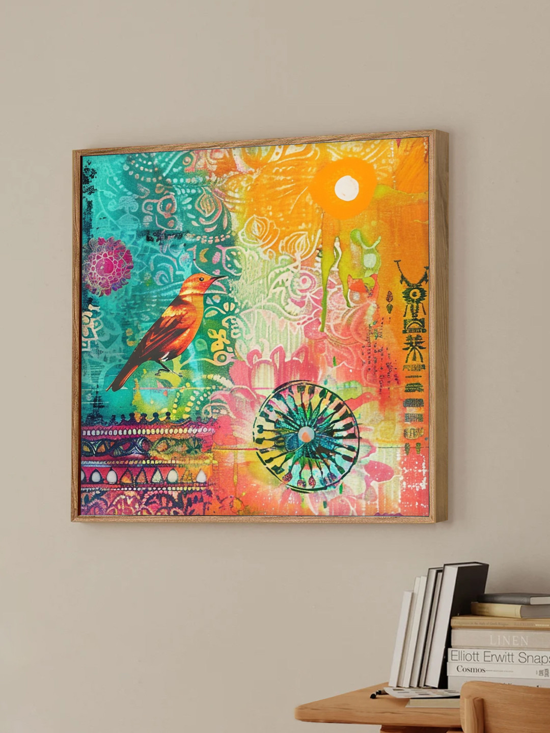 Art Street Blue & Orange Framed Colorful Birds And Animals Canvas Wall Art