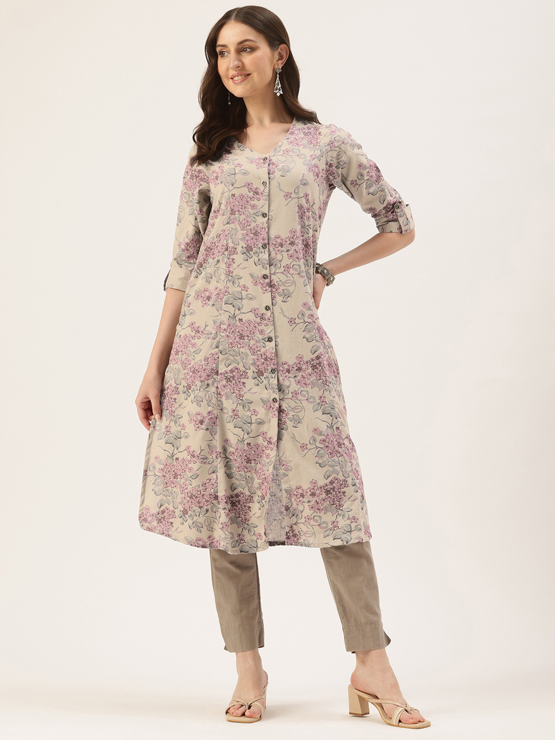 AMUKTI Floral Printed A-Line Linen Kurta