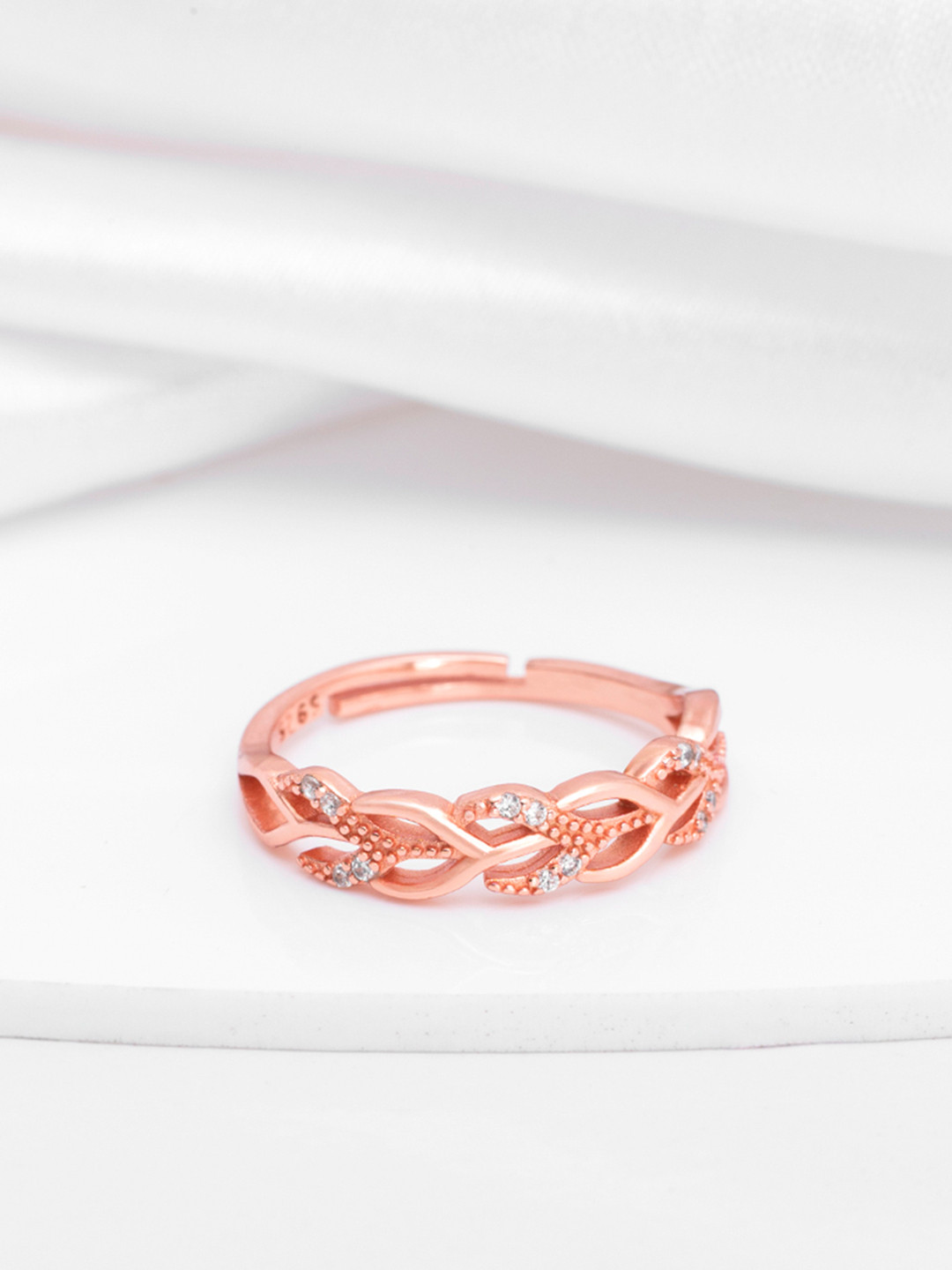 Zavya 925 Sterling Silver Rose Gold Plated Cubic Zirconia Studded Interlacing Finger Ring