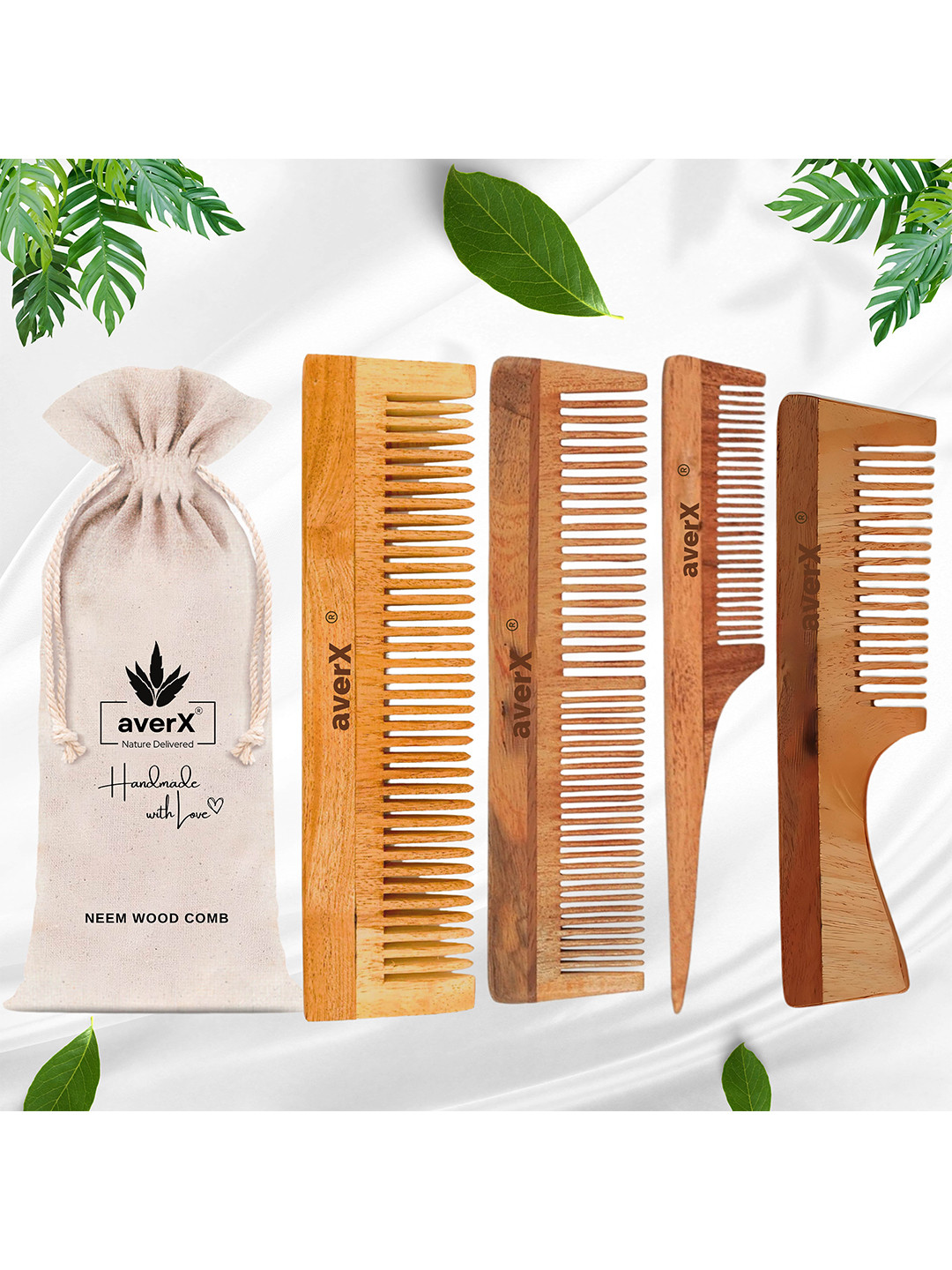averX Set Of 4 Kacchi Neem Wood Comb