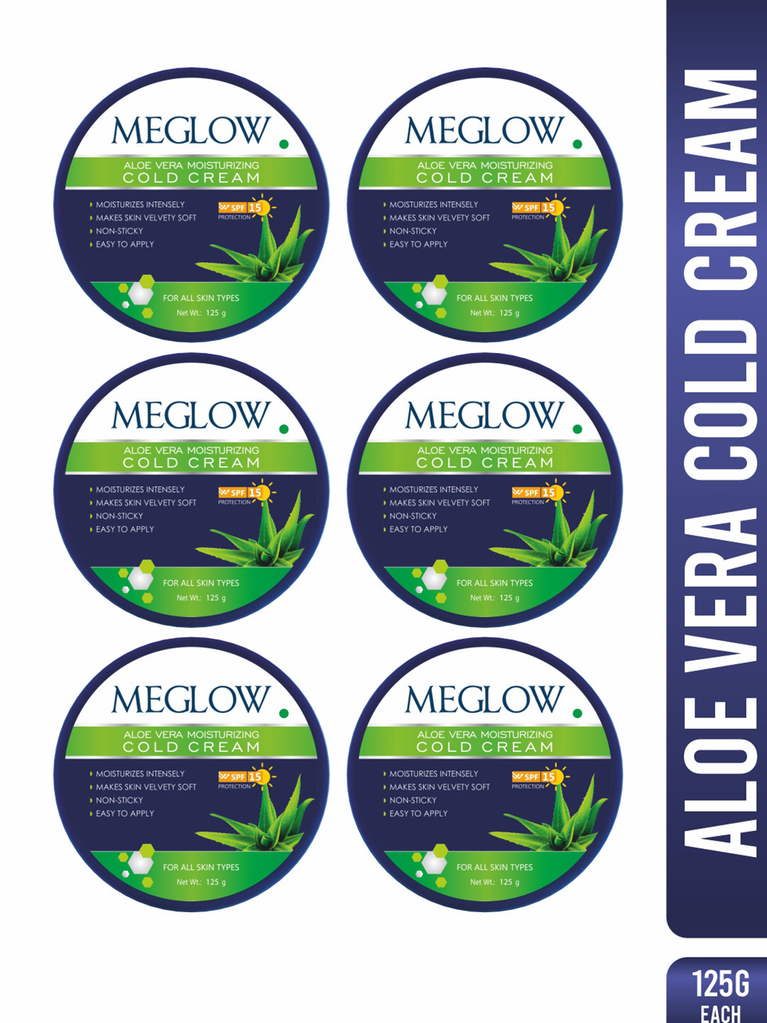 MEGLOW Set Of 6 Aloe Vera SPF15 48Hrs Moisturizing Body Lotion And Cold Cream - 125 g Each