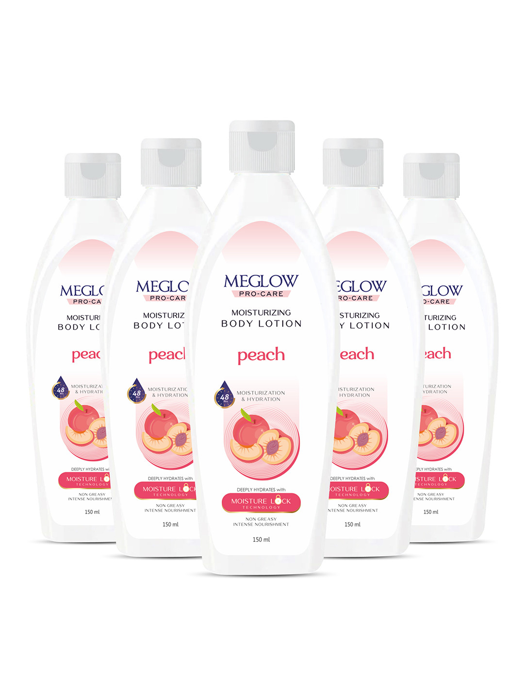 MEGLOW Set Of 5 Moisturizing Body Lotion With Peach Extracts - 150 ml Each