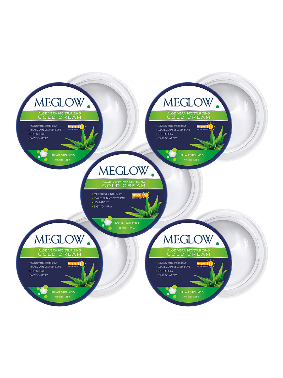 MEGLOW Set Of 5 Aloevera Moisturizing SPF 15 Cold Cream - 125 g Each