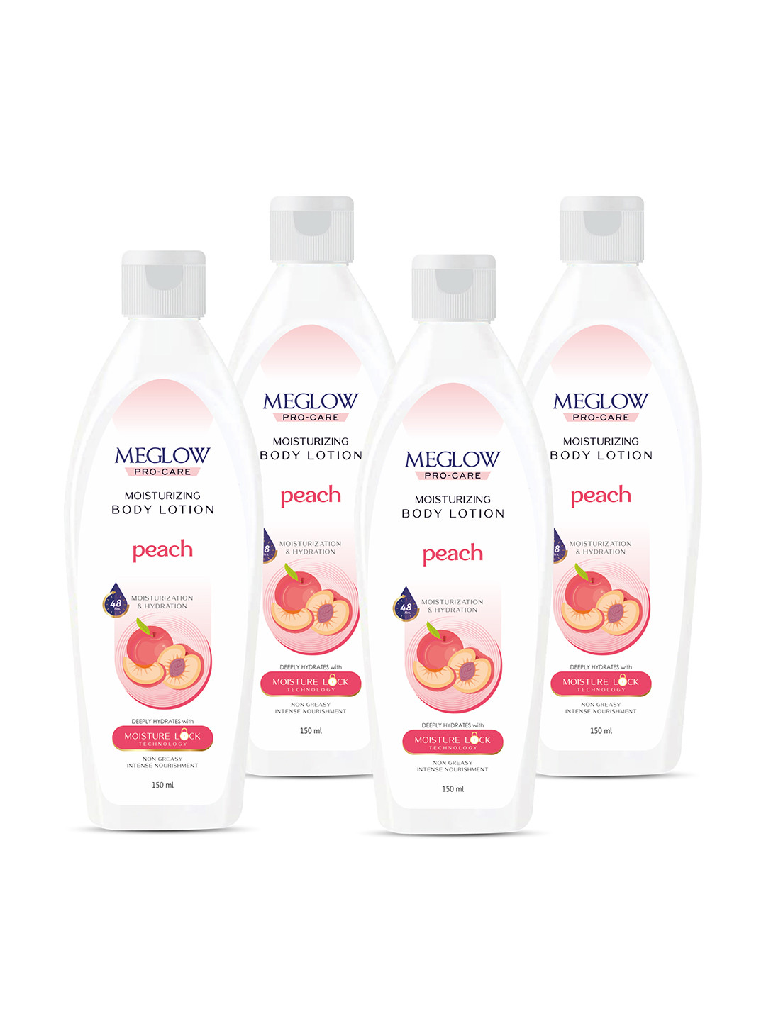 MEGLOW Set Of 4 Peach Extracts 48 Hrs Hydrating & Moisturizing Body Lotion - 150 ml Each