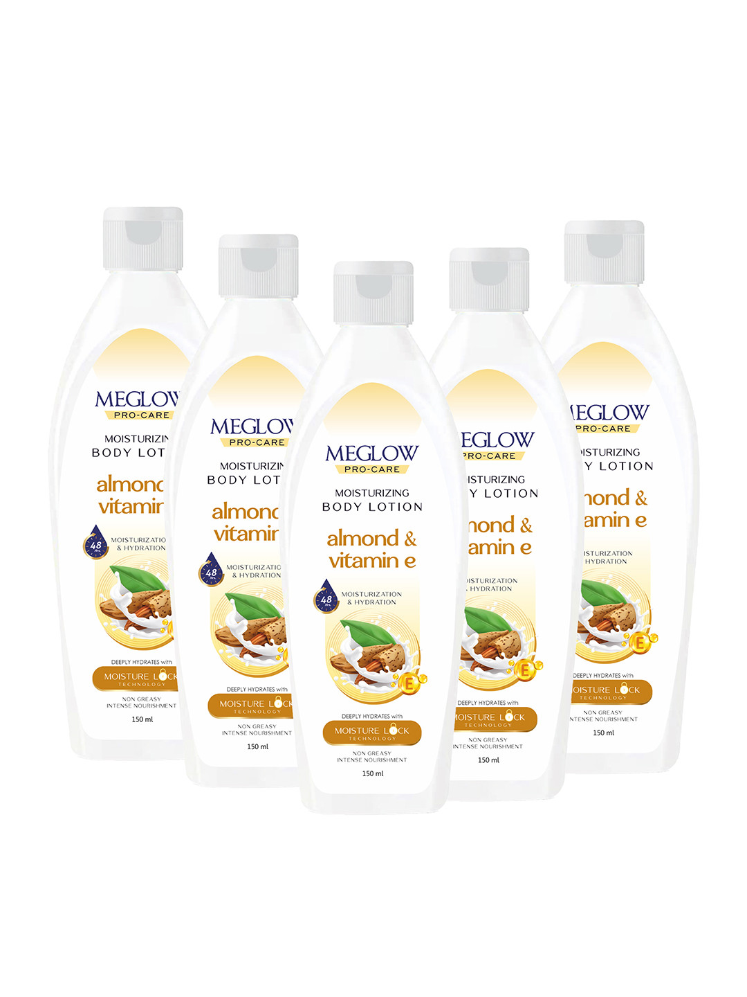 MEGLOW Set Of 5 Vitamin E 48Hrs Hydrating & Moisturizing Body Lotion - 150 ml Each