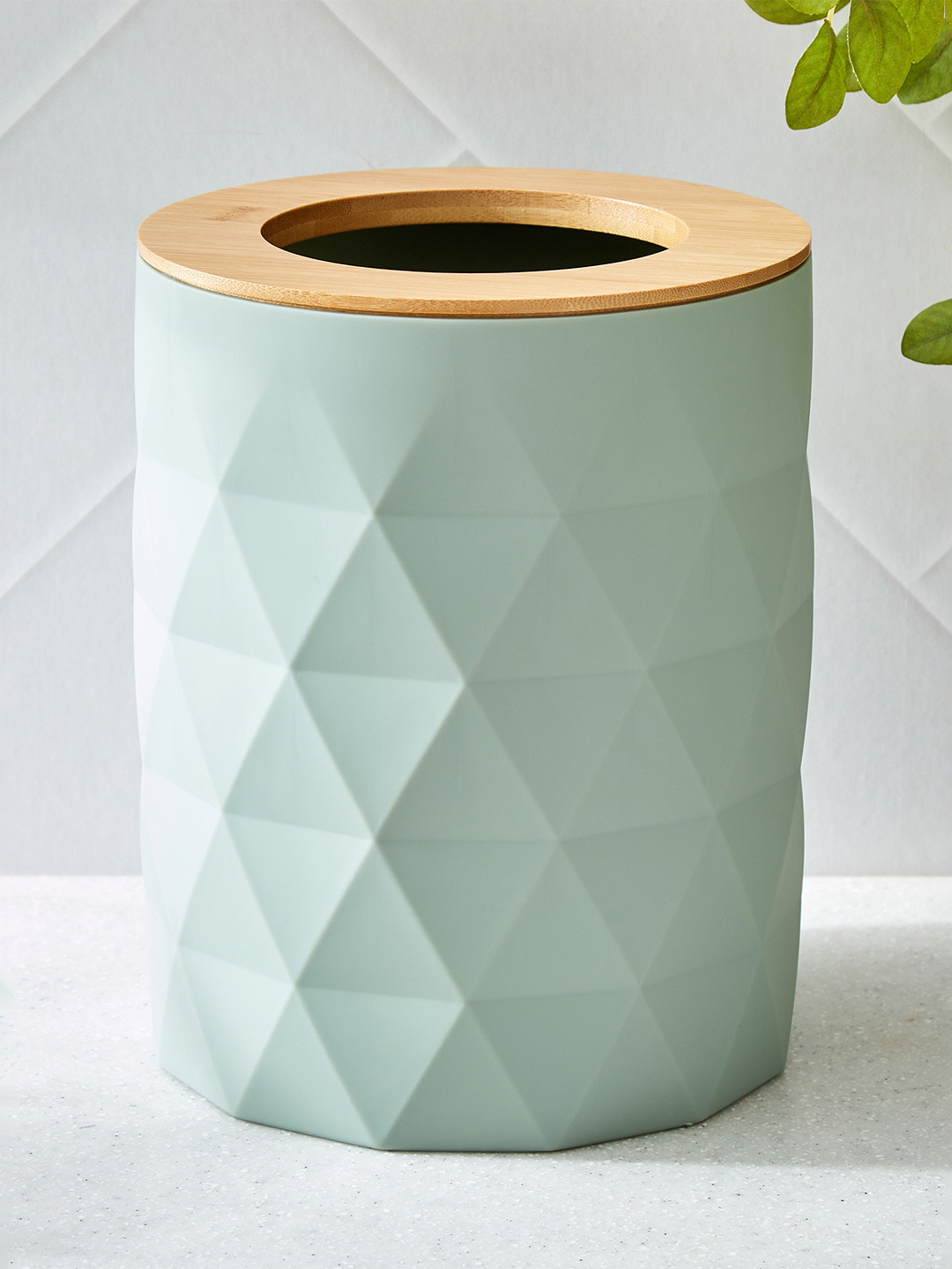 Home Centre Green Geometric Glossy Waste Bin With Bamboo Ring