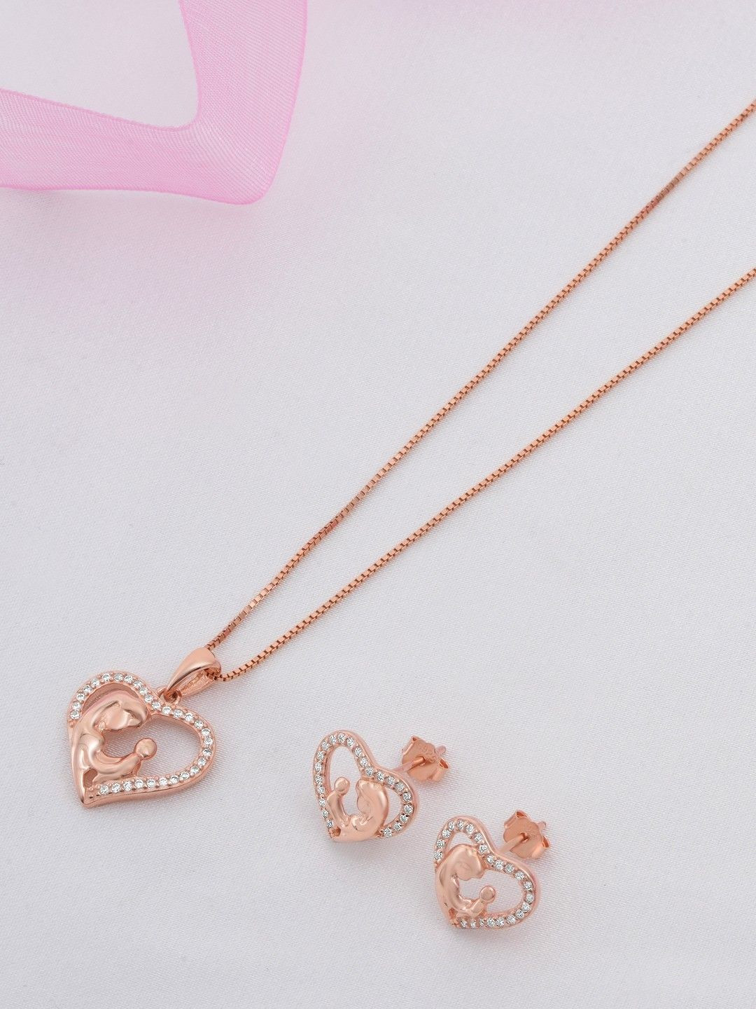 Zavya Loving Bond 925 Silver Rose Gold-Plated Cubic Zirconia Jewellery Set